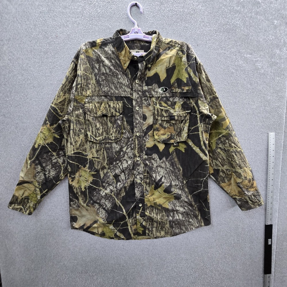 Mossy Oak Men Button Up Shirt M Green Nylon Camouflage Treklite L/S Shirt Y2K